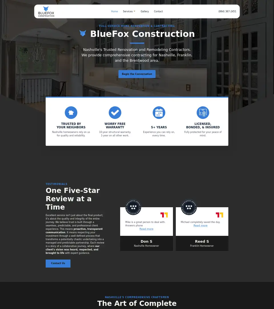 Screenshot of the BlueFox Construction website